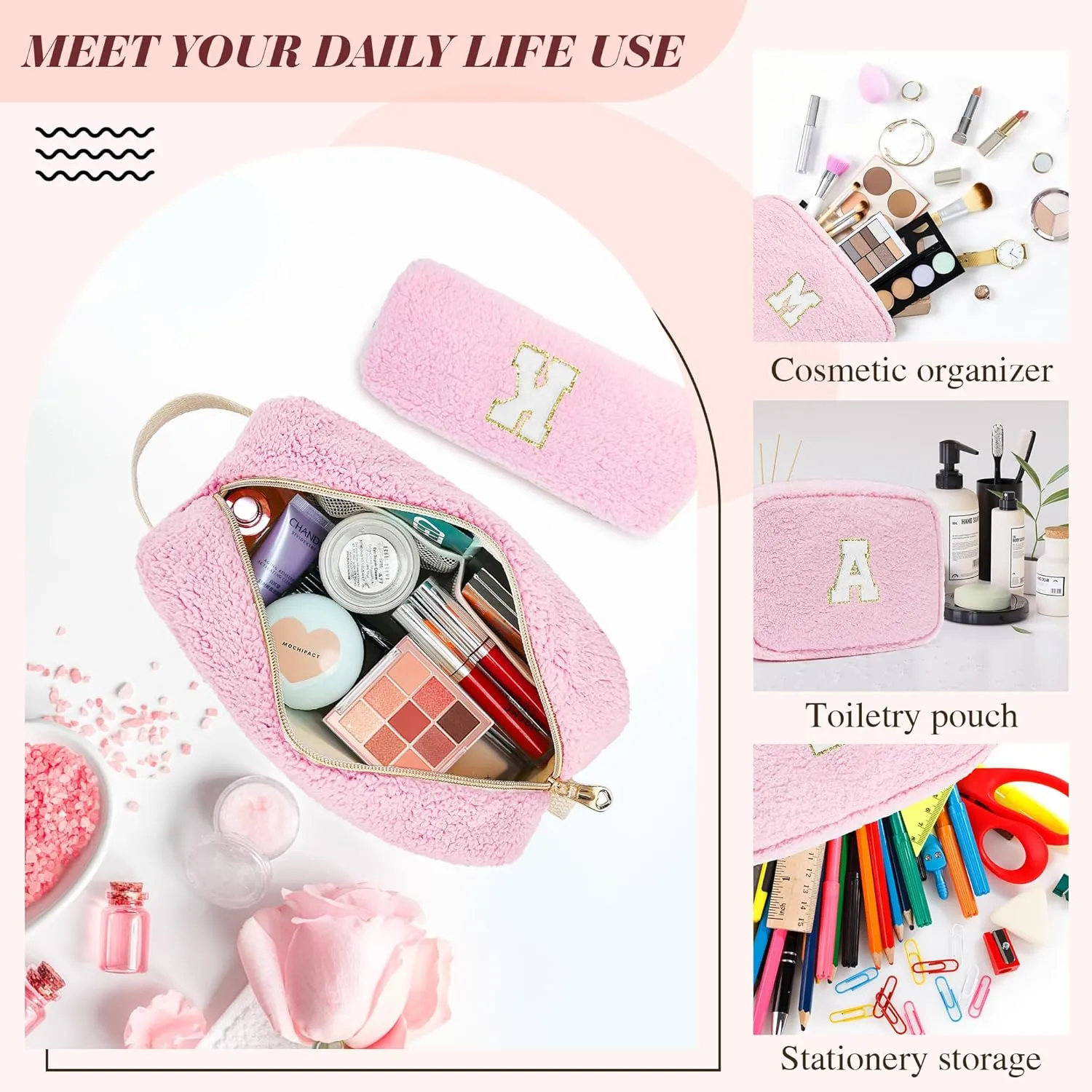 Initial Makeup Bag for Teen Girl Gifts Trendy Stuff, Pink Cosmetic Travel Bag Pouch for Women Friends Daughter Sister Wife Her, Cute Plush Make up Bags for Birthday, Graduation, Wedding Gifts F