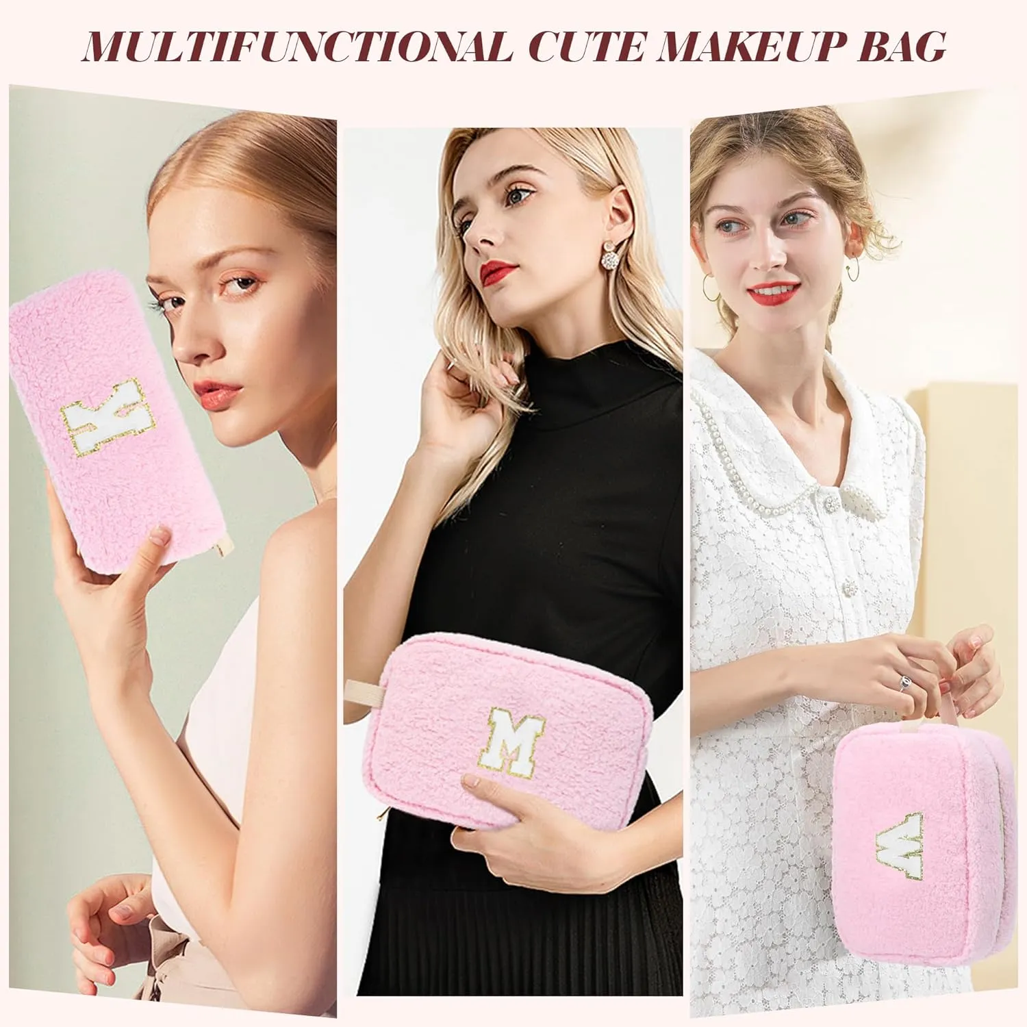Initial Makeup Bag for Teen Girl Gifts Trendy Stuff, Pink Cosmetic Travel Bag Pouch for Women Friends Daughter Sister Wife Her, Cute Plush Make up Bags for Birthday, Graduation, Wedding Gifts F