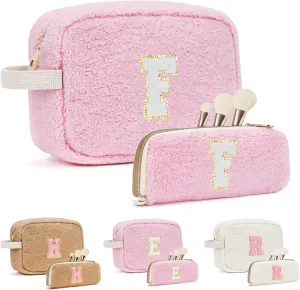 Initial Makeup Bag for Teen Girl Gifts Trendy Stuff, Pink Cosmetic Travel Bag Pouch for Women Friends Daughter Sister Wife Her, Cute Plush Make up Bags for Birthday, Graduation, Wedding Gifts F