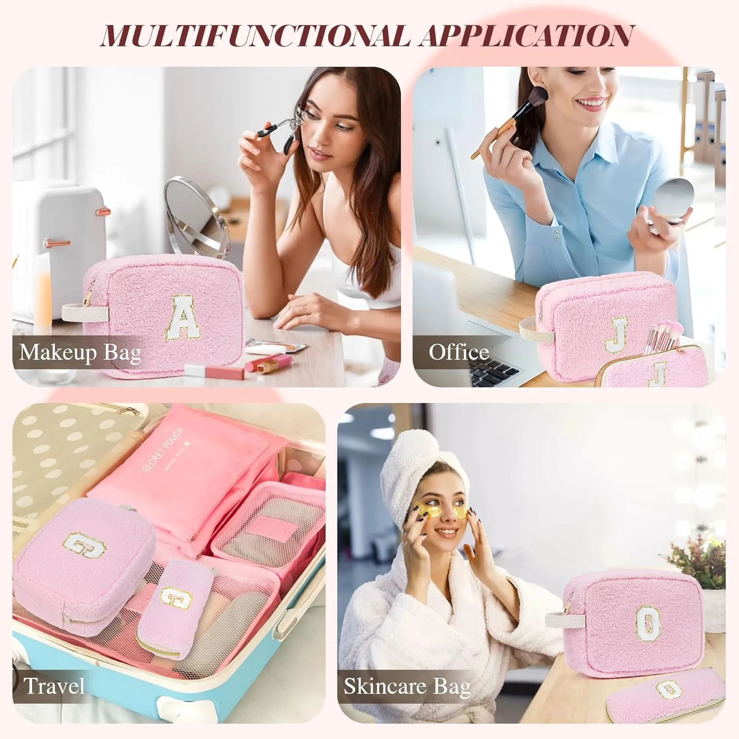 Initial Makeup Bag for Teen Girl Gifts Trendy Stuff, Pink Cosmetic Travel Bag Pouch for Women Friends Daughter Sister Wife Her, Cute Plush Make up Bags for Birthday, Graduation, Wedding Gifts F