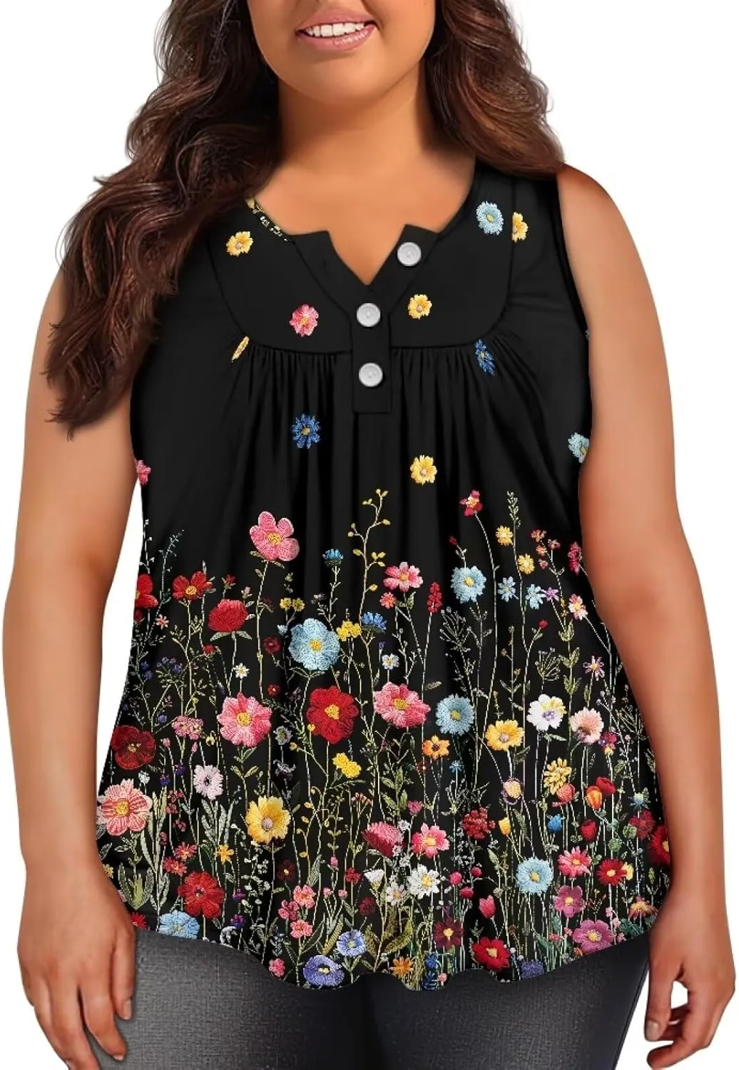 Irisjudy Ethnic Stripe Women Tank Tops, Countryside Ditsy Flower V-Neck Sleeveless Dressy Tunics Shirt, Galaxy Henley Blouses