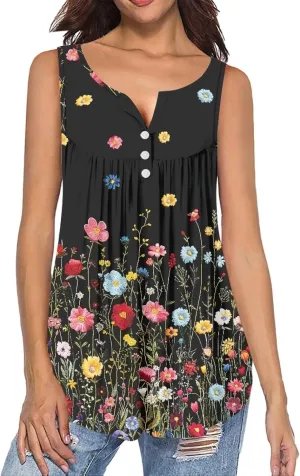 Irisjudy Ethnic Stripe Women Tank Tops, Countryside Ditsy Flower V-Neck Sleeveless Dressy Tunics Shirt, Galaxy Henley Blouses