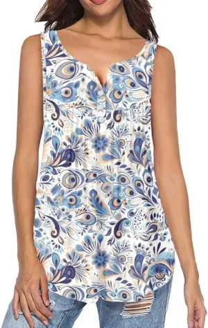 Irisjudy Ethnic Stripe Women Tank Tops, Countryside Ditsy Flower V-Neck Sleeveless Dressy Tunics Shirt, Galaxy Henley Blouses