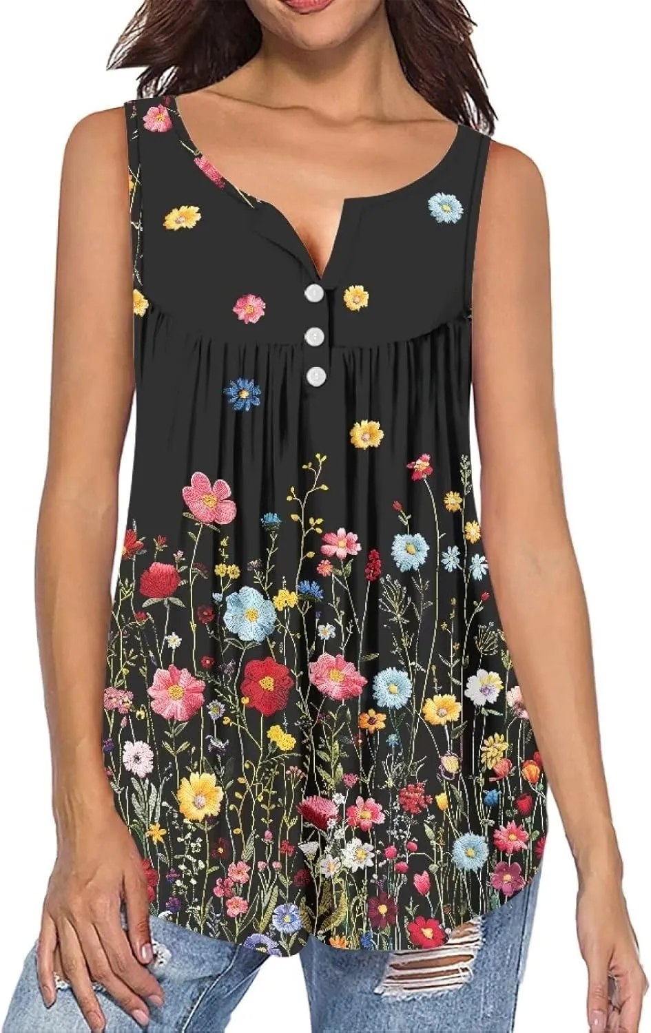Irisjudy Ethnic Stripe Women Tank Tops, Countryside Ditsy Flower V-Neck Sleeveless Dressy Tunics Shirt, Galaxy Henley Blouses