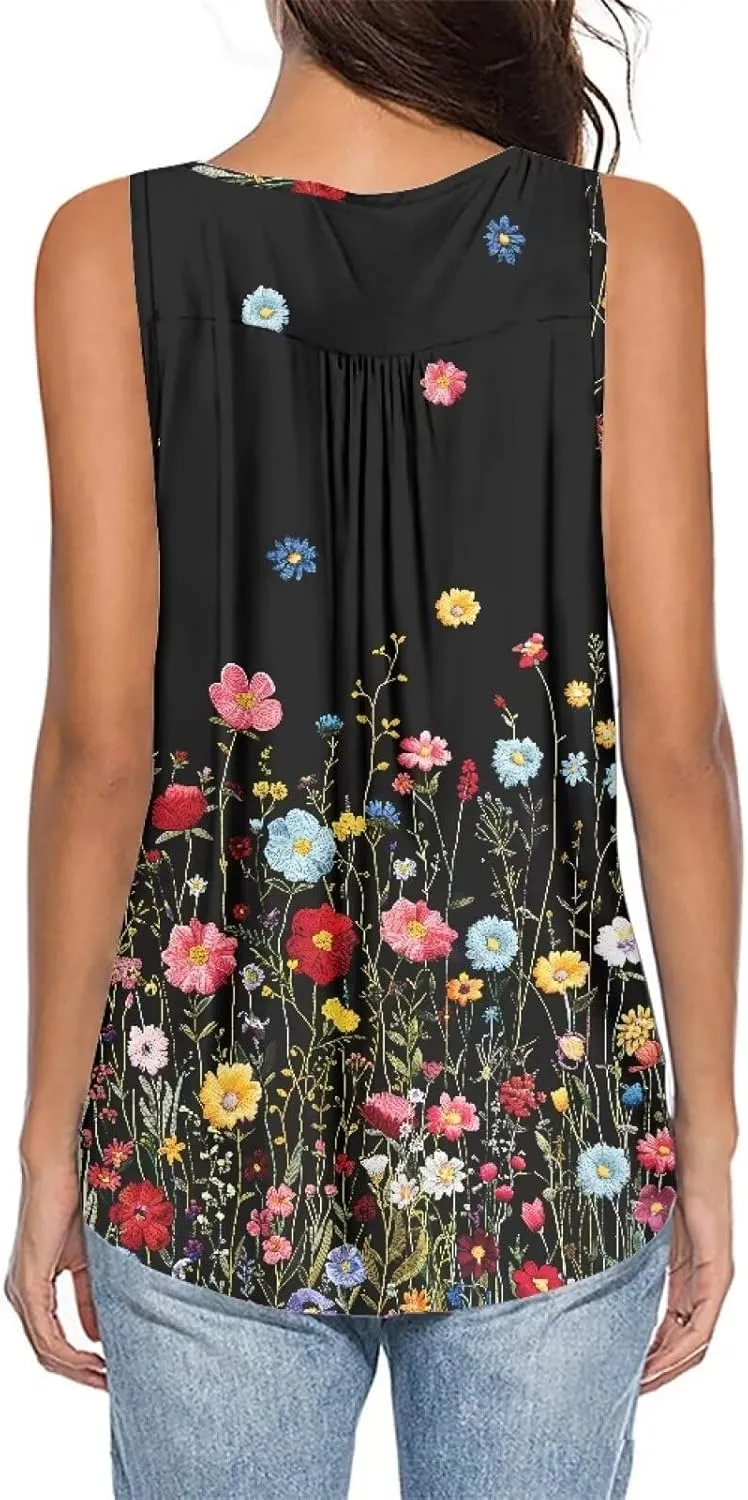 Irisjudy Ethnic Stripe Women Tank Tops, Countryside Ditsy Flower V-Neck Sleeveless Dressy Tunics Shirt, Galaxy Henley Blouses