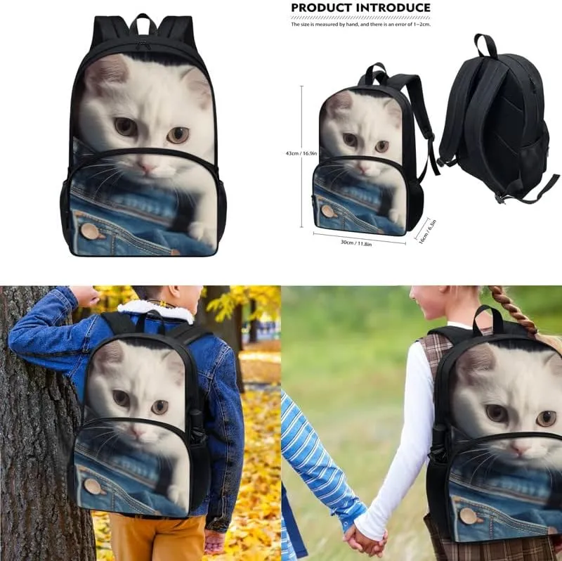 Jeans Pocket White Cat Middle School Students Backpacks with Lunch Box 3D Cat Vivid Printed Pencil Case Bags Travel Daypack Bookbag Set for Student