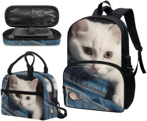 Jeans Pocket White Cat Middle School Students Backpacks with Lunch Box 3D Cat Vivid Printed Pencil Case Bags Travel Daypack Bookbag Set for Student