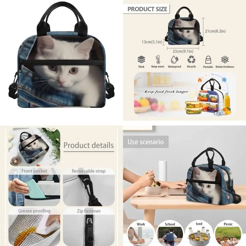 Jeans Pocket White Cat Middle School Students Backpacks with Lunch Box 3D Cat Vivid Printed Pencil Case Bags Travel Daypack Bookbag Set for Student