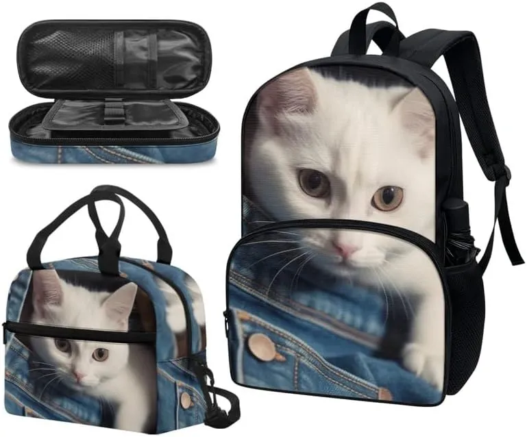 Jeans Pocket White Cat Middle School Students Backpacks with Lunch Box 3D Cat Vivid Printed Pencil Case Bags Travel Daypack Bookbag Set for Student
