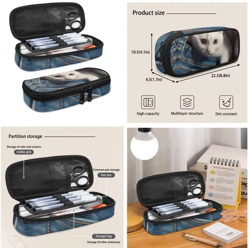 Jeans Pocket White Cat Middle School Students Backpacks with Lunch Box 3D Cat Vivid Printed Pencil Case Bags Travel Daypack Bookbag Set for Student