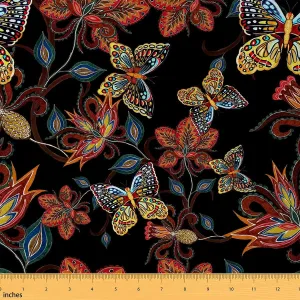 jejeloiu Vintage Butterfly Upholstery Fabric,Retro Leaf Fabric by The Yard,Botanical Floral Decorative Fabric for Upholstery and Home DIY Projects,Natural Theme Outdoor Fabric, 2 Yards, Yellow Red
