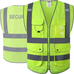 JKSafety 9 Pockets Class 2 Security Hi-Vis HQ Mesh Lite Hi-Vis Zipper Front Safety Vest | Neon Color Body with Retro-Reflective Strips | Comply ANSI/ISEA Safety Standards (200-Security-Yellow, M)