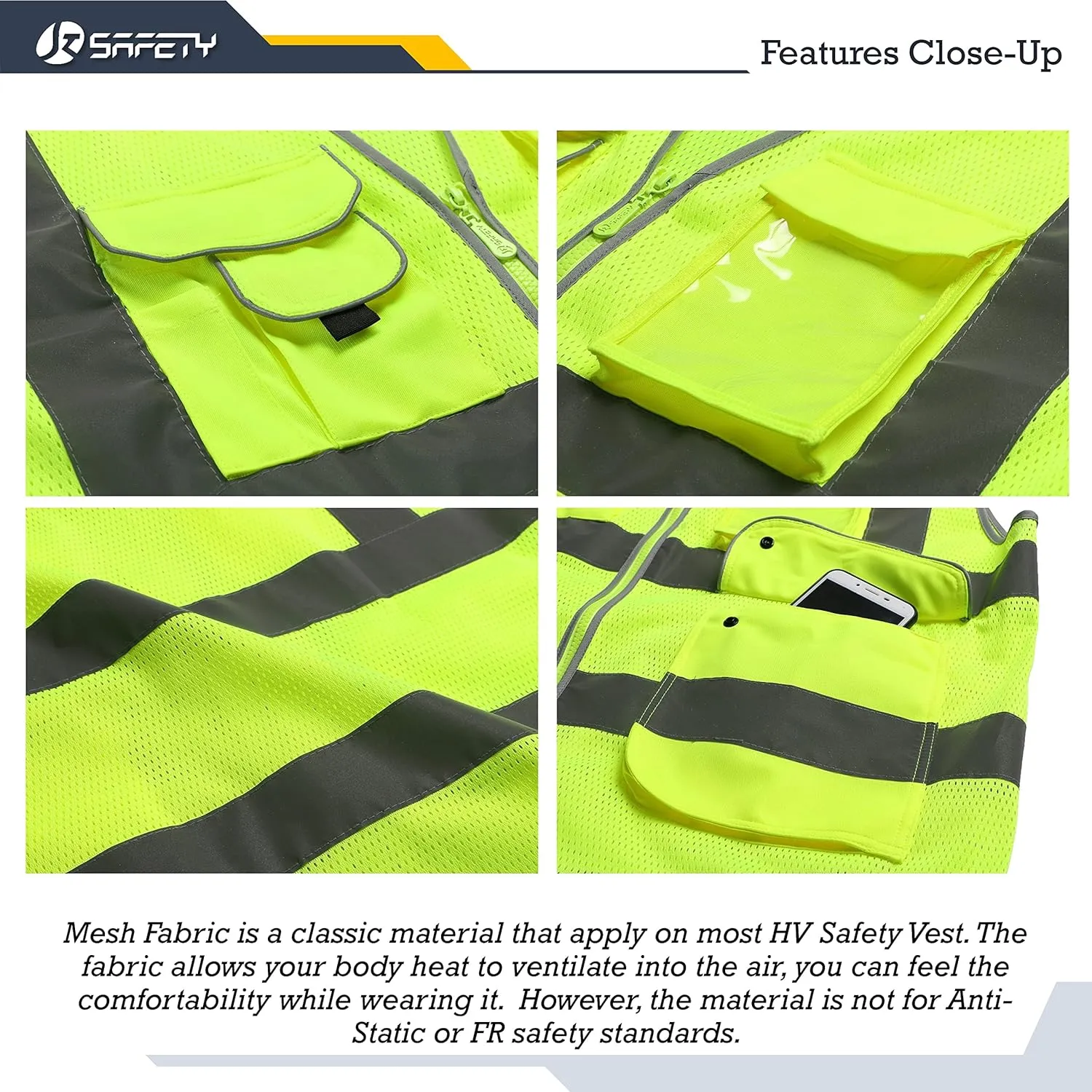 JKSafety 9 Pockets Class 2 Security Hi-Vis HQ Mesh Lite Hi-Vis Zipper Front Safety Vest | Neon Color Body with Retro-Reflective Strips | Comply ANSI/ISEA Safety Standards (200-Security-Yellow, M)