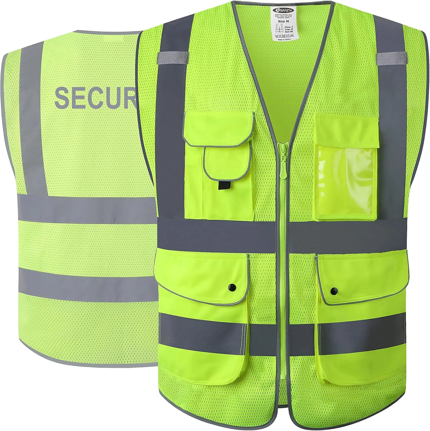 JKSafety 9 Pockets Class 2 Security Hi-Vis HQ Mesh Lite Hi-Vis Zipper Front Safety Vest | Neon Color Body with Retro-Reflective Strips | Comply ANSI/ISEA Safety Standards (200-Security-Yellow, M)