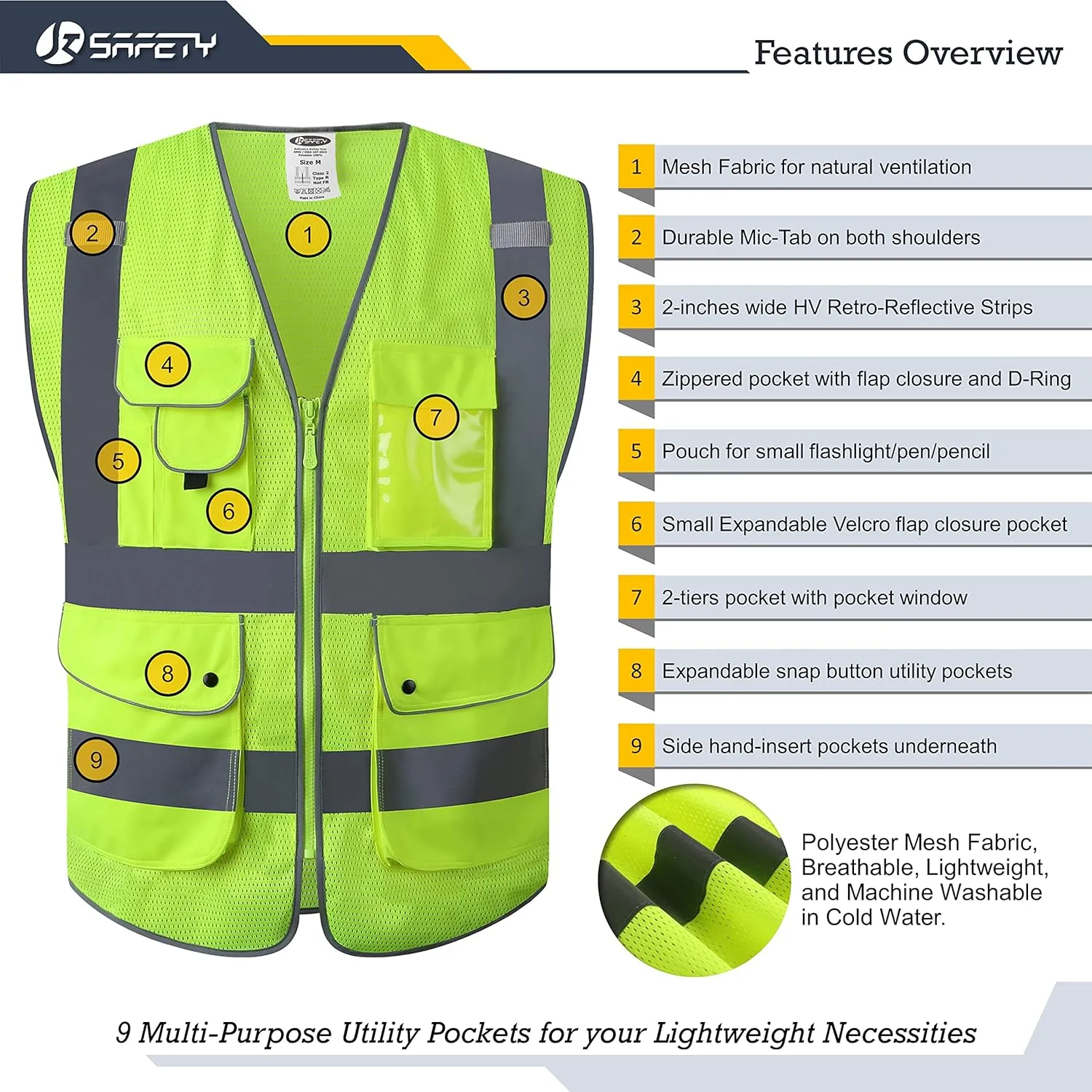 JKSafety 9 Pockets Class 2 Security Hi-Vis HQ Mesh Lite Hi-Vis Zipper Front Safety Vest | Neon Color Body with Retro-Reflective Strips | Comply ANSI/ISEA Safety Standards (200-Security-Yellow, M)