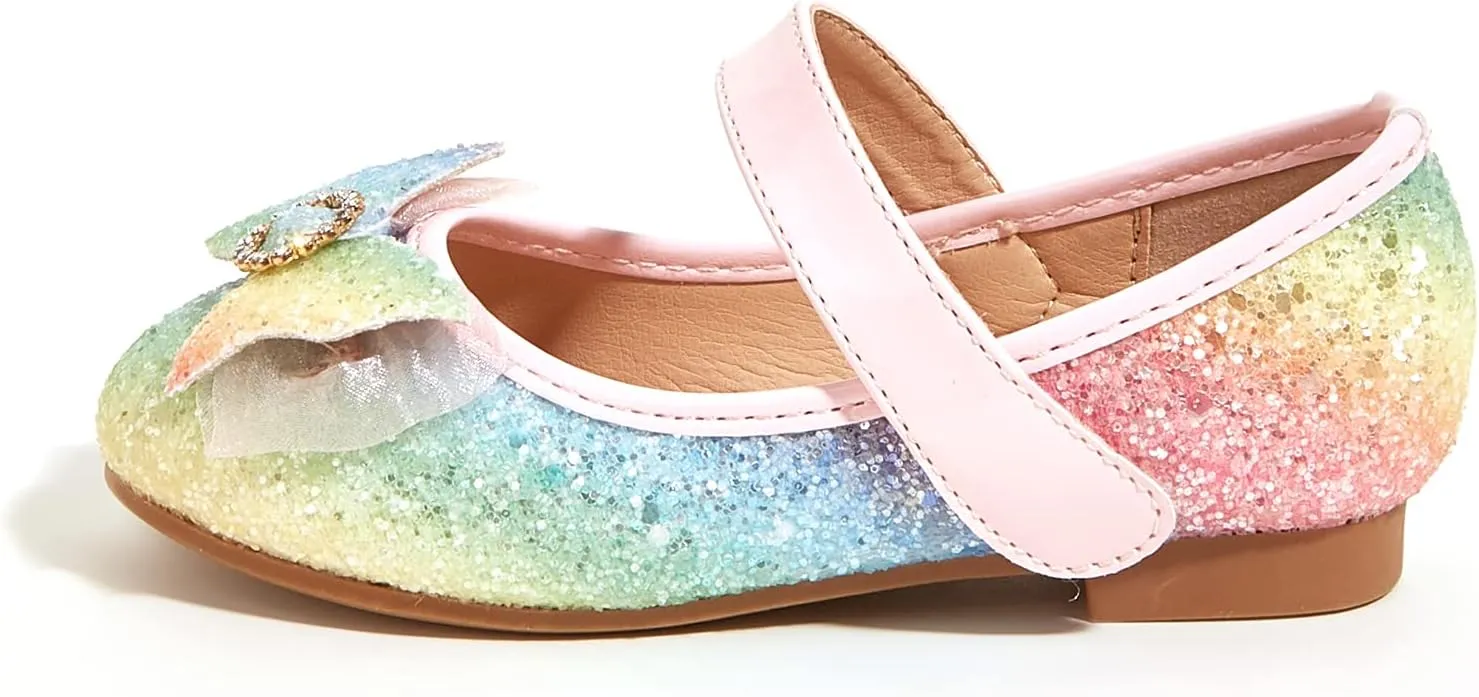 K KIP WOK Toddler Girl Mary Jane Dress Glitter Flats Shoes Flower for Ballet Wedding