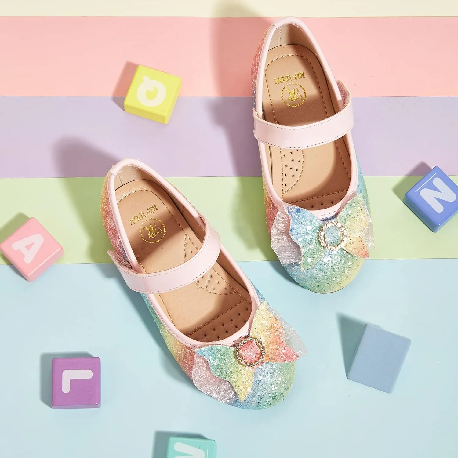 K KIP WOK Toddler Girl Mary Jane Dress Glitter Flats Shoes Flower for Ballet Wedding