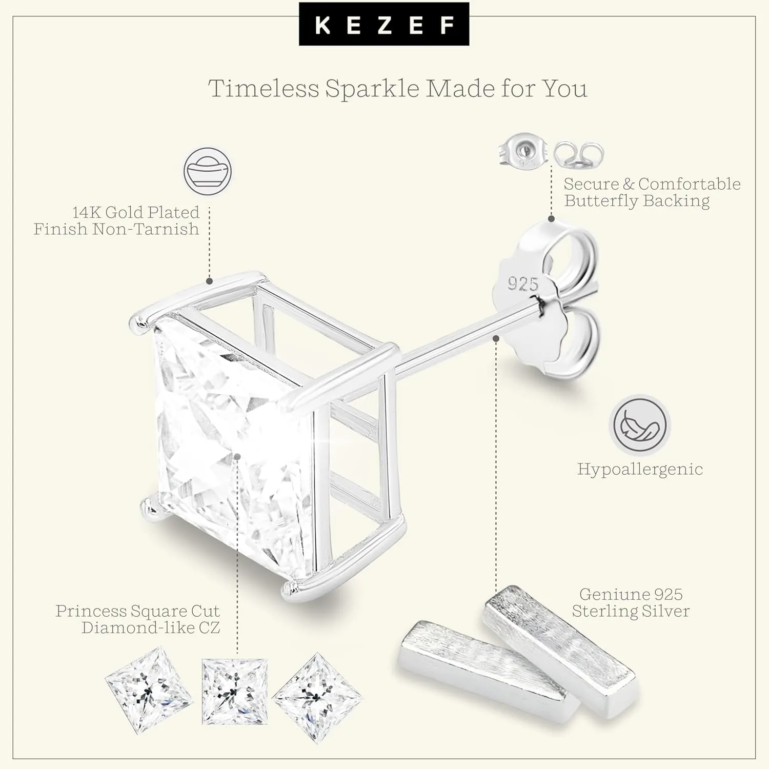 KEZEF Sterling Silver Stud Earrings for Women & Men - 4-Prong Setting Cubic Zirconia Earrings Studs - Premium CZ S925 Hypoallergenic - Available in 14K White and Yellow Gold, Rose Gold - 3mm to 9mm