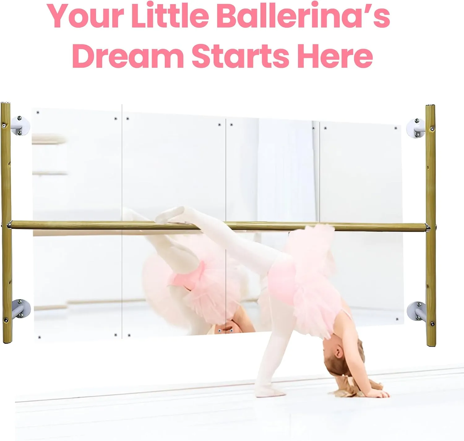Kids Wall Mounted Ballet Barre 2ft/4ft with Mirror - Home Dance Studio Kit for Confidence, Balance & Early Movement - Ballet Bar 3 Levels Height Adjustable Ideal for Stretching in Nursery & Playroom