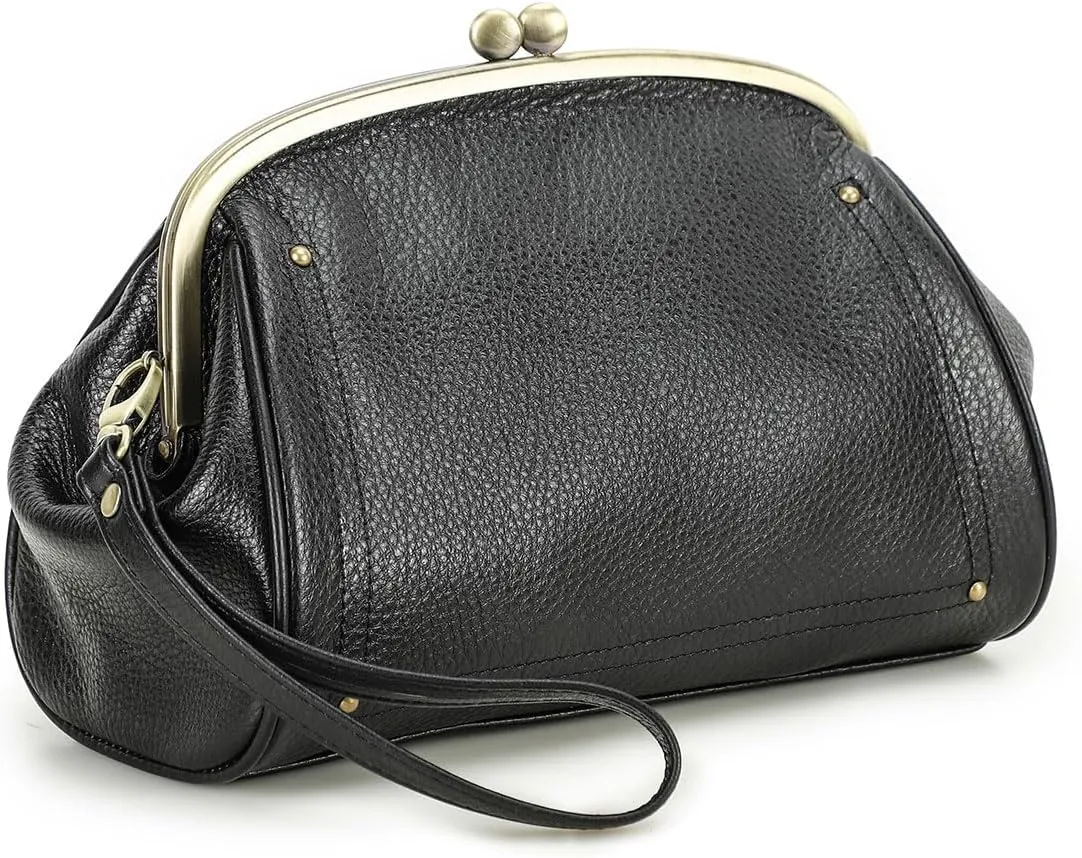 Kiss Lock Clutch Bag Womens Genuine Leather Evening Bag Kiss Clasp Wrist Wallet Vintage Handbag