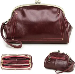 Kiss Lock Clutch Bag Womens Genuine Leather Evening Bag Kiss Clasp Wrist Wallet Vintage Handbag