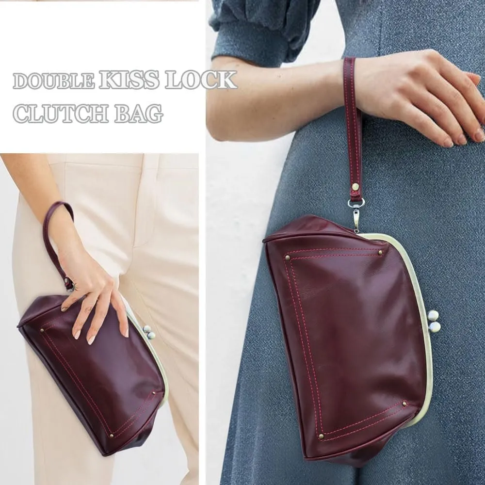 Kiss Lock Clutch Bag Womens Genuine Leather Evening Bag Kiss Clasp Wrist Wallet Vintage Handbag