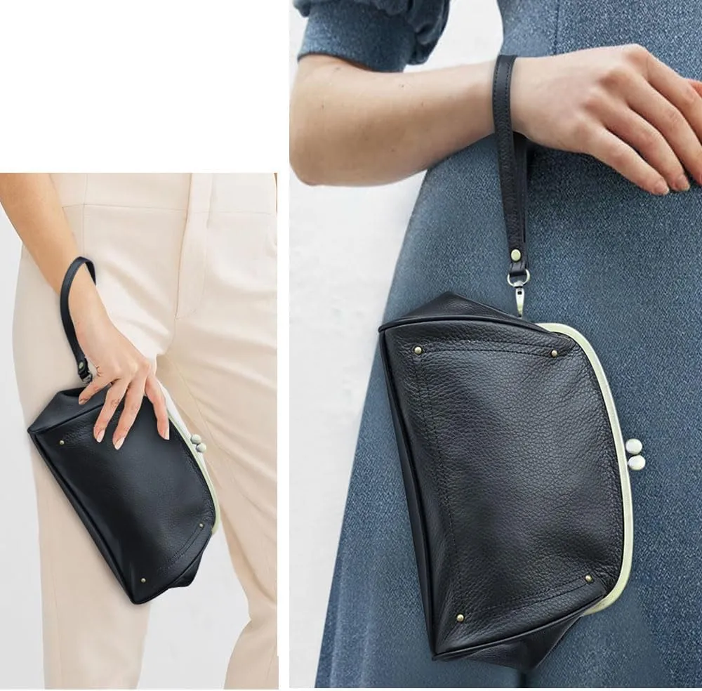 Kiss Lock Clutch Bag Womens Genuine Leather Evening Bag Kiss Clasp Wrist Wallet Vintage Handbag