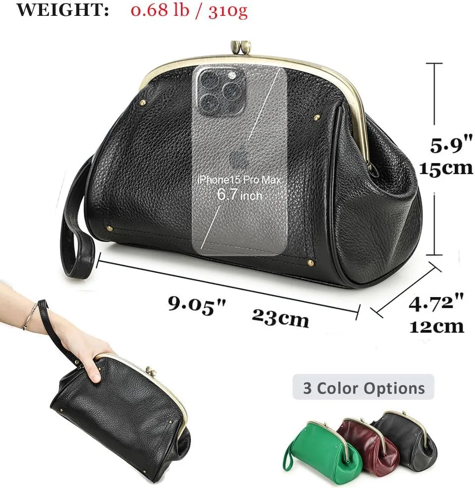 Kiss Lock Clutch Bag Womens Genuine Leather Evening Bag Kiss Clasp Wrist Wallet Vintage Handbag