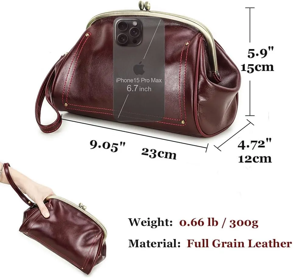 Kiss Lock Clutch Bag Womens Genuine Leather Evening Bag Kiss Clasp Wrist Wallet Vintage Handbag