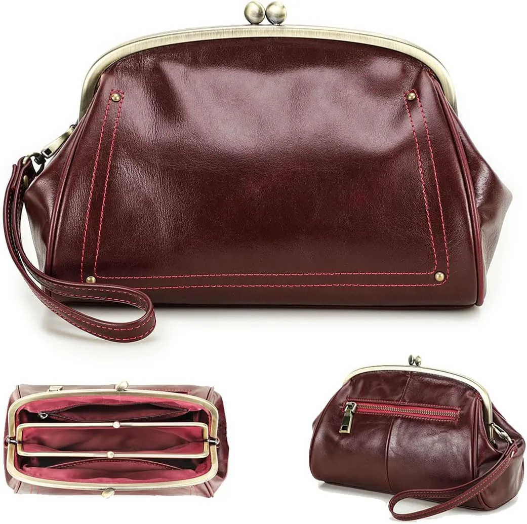 Kiss Lock Clutch Bag Womens Genuine Leather Evening Bag Kiss Clasp Wrist Wallet Vintage Handbag