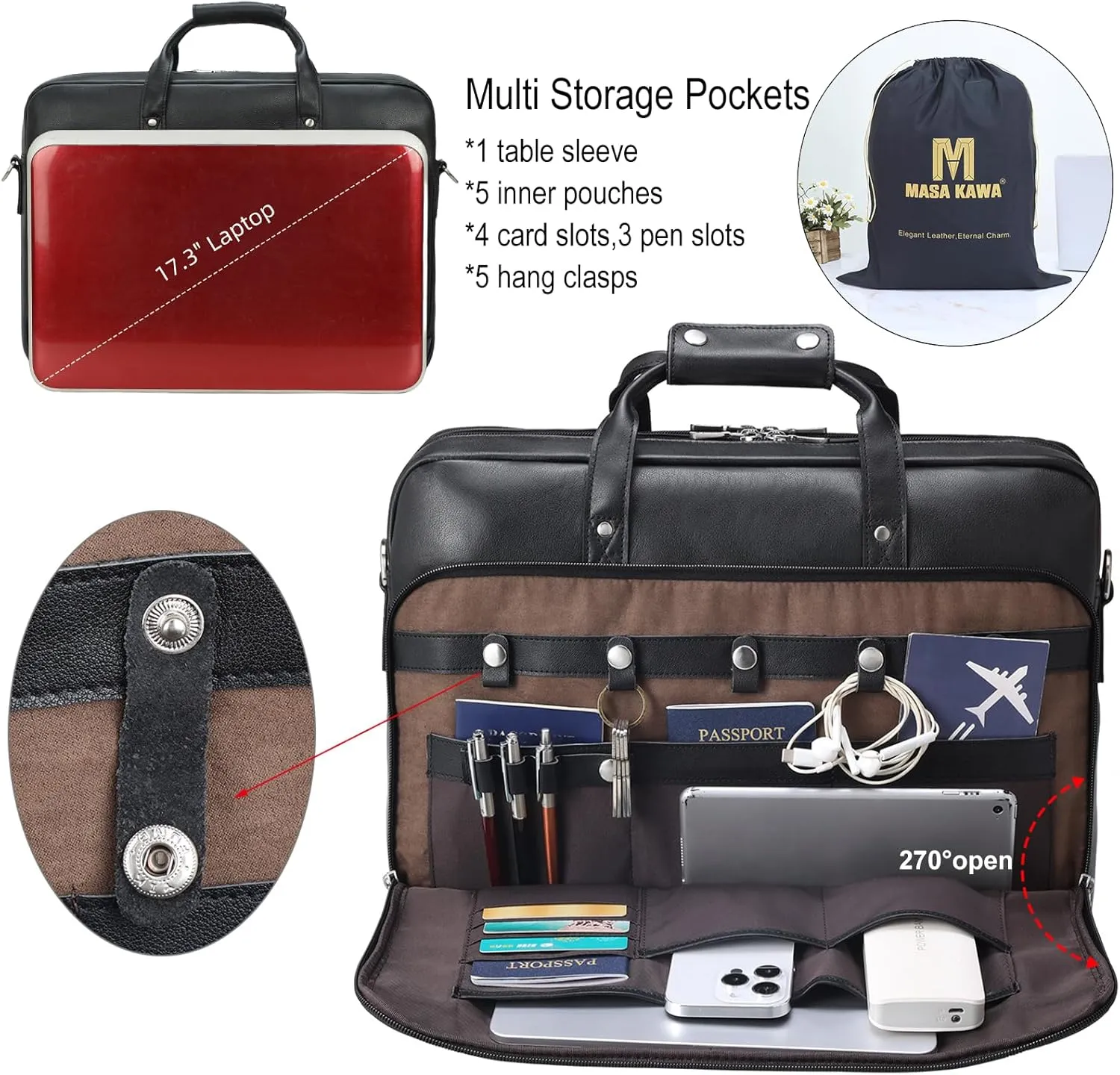 Leather Briefcase for Men 17 Inch Laptop Crossbody Shoulder Messenger Bag Attache Case for Business Travel Work Lawyer