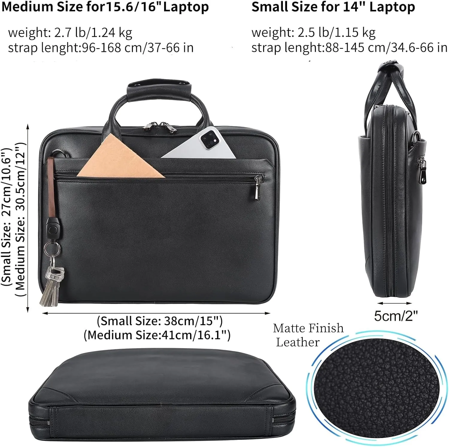 Leather Slim Briefcase for Men 15.6" Laptop Crossbody Messenger Bag Business Work Lawyer Attache Case