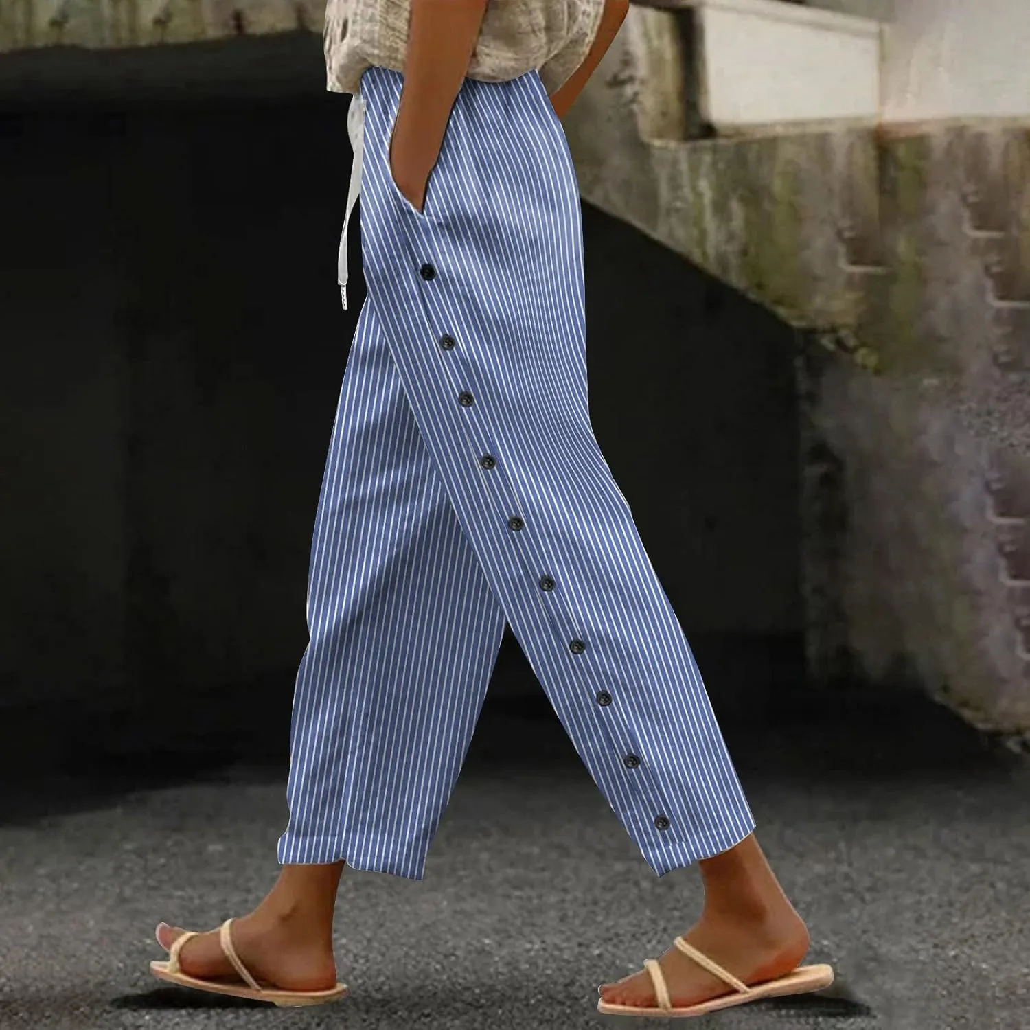 Linen Pants Women Petite Striped Straight Wide Leg Side Button Gauze Casual Drawstring Baggy Elastic Cropped Trouser