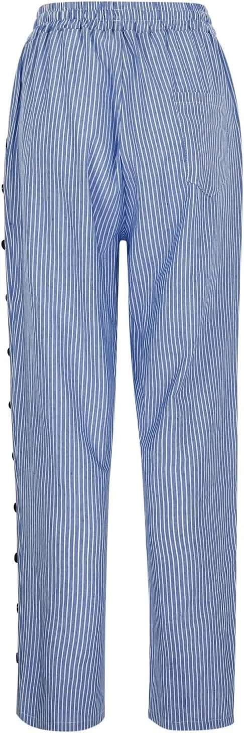 Linen Pants Women Petite Striped Straight Wide Leg Side Button Gauze Casual Drawstring Baggy Elastic Cropped Trouser