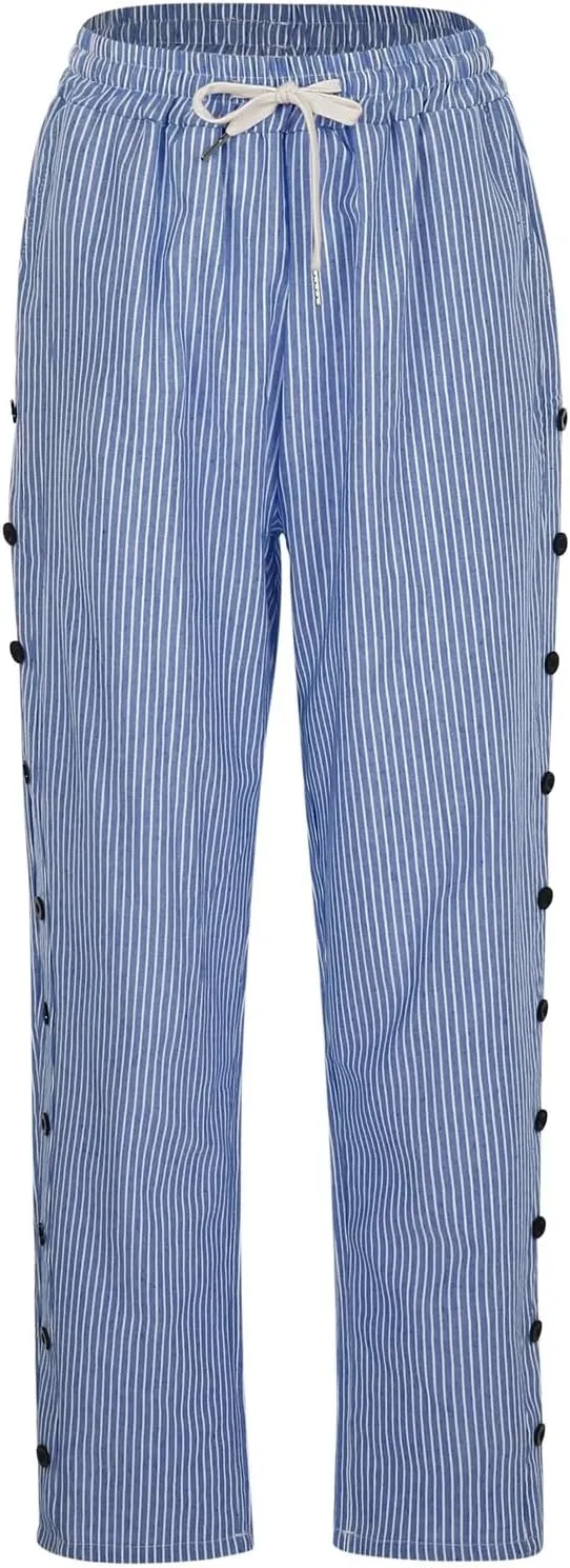 Linen Pants Women Petite Striped Straight Wide Leg Side Button Gauze Casual Drawstring Baggy Elastic Cropped Trouser