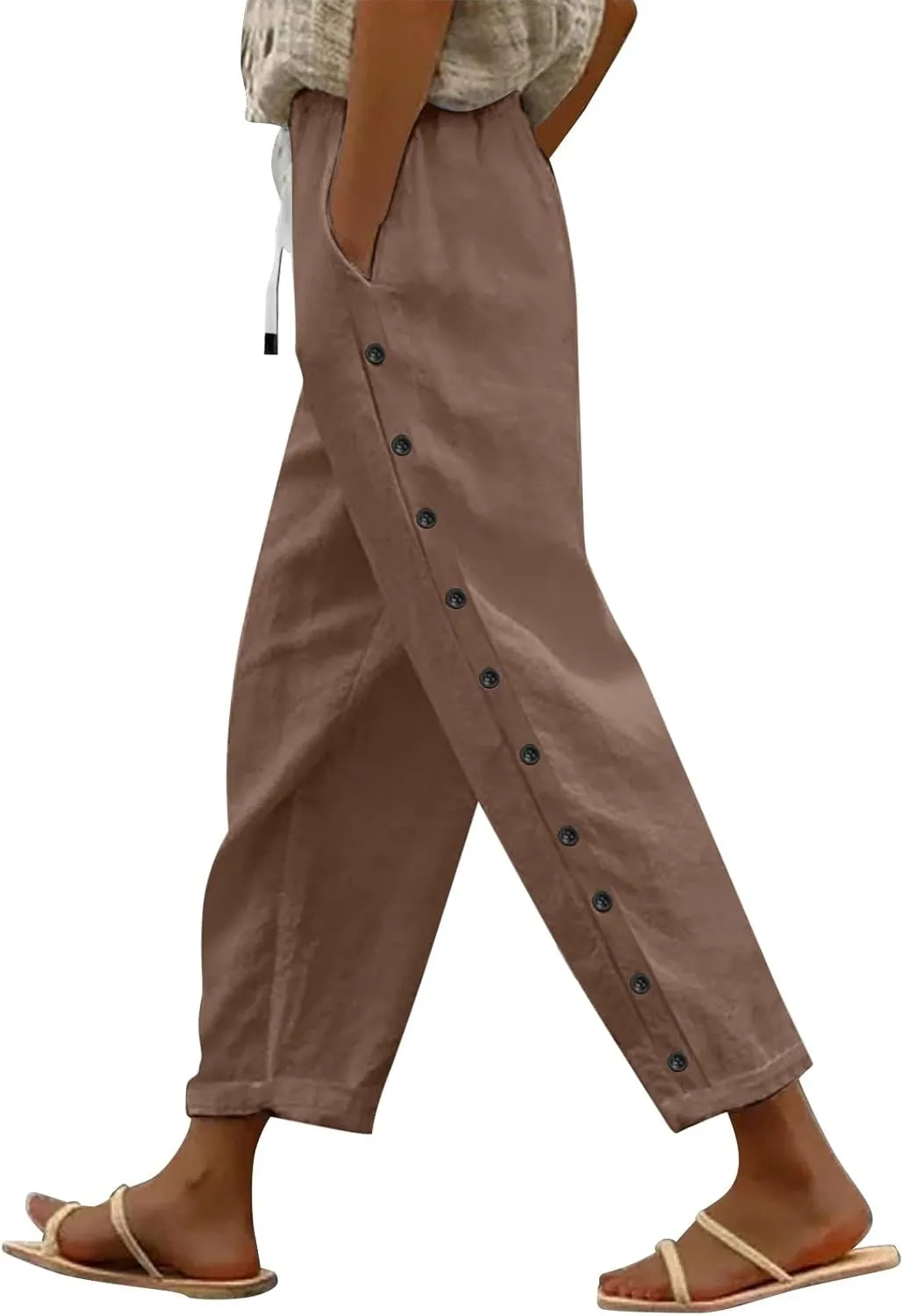 Linen Pants Women Petite Striped Straight Wide Leg Side Button Gauze Casual Drawstring Baggy Elastic Cropped Trouser