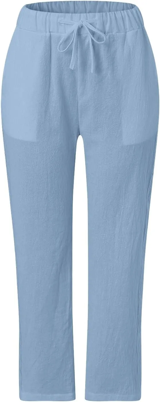 Linen Pants Women Petite Striped Straight Wide Leg Side Button Gauze Casual Drawstring Baggy Elastic Cropped Trouser