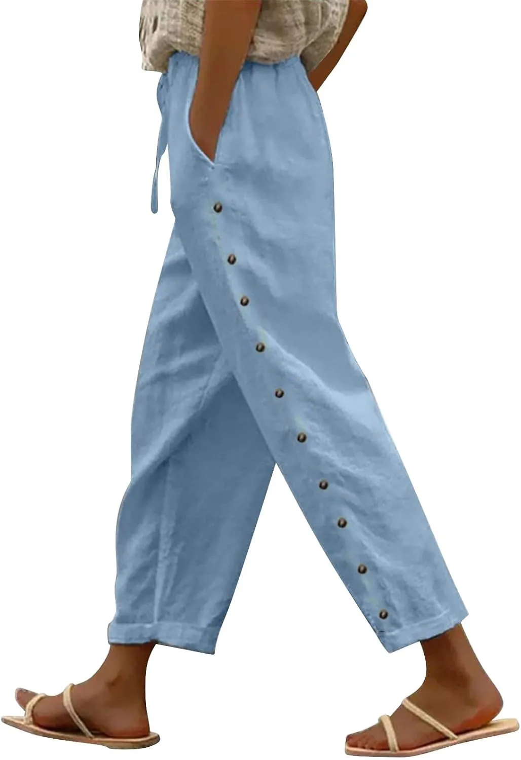 Linen Pants Women Petite Striped Straight Wide Leg Side Button Gauze Casual Drawstring Baggy Elastic Cropped Trouser