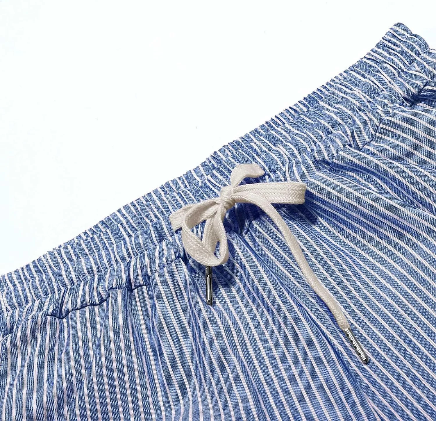 Linen Pants Women Petite Striped Straight Wide Leg Side Button Gauze Casual Drawstring Baggy Elastic Cropped Trouser