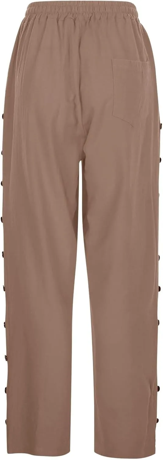 Linen Pants Women Petite Striped Straight Wide Leg Side Button Gauze Casual Drawstring Baggy Elastic Cropped Trouser