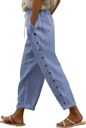 Linen Pants Women Petite Striped Straight Wide Leg Side Button Gauze Casual Drawstring Baggy Elastic Cropped Trouser