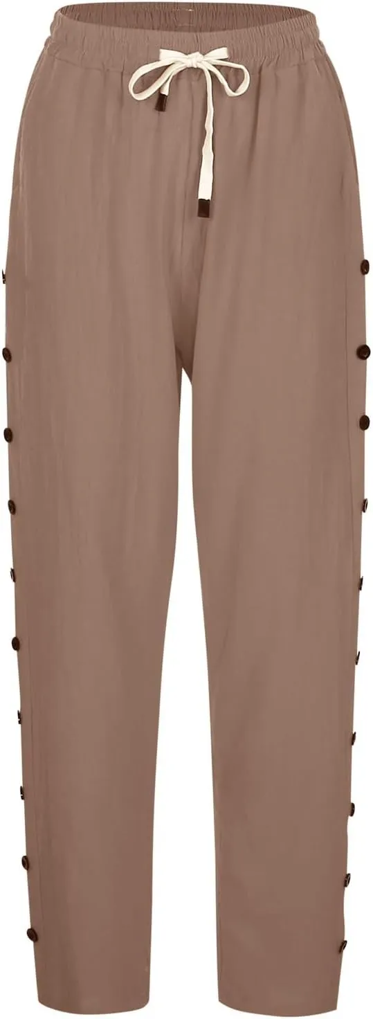 Linen Pants Women Petite Striped Straight Wide Leg Side Button Gauze Casual Drawstring Baggy Elastic Cropped Trouser