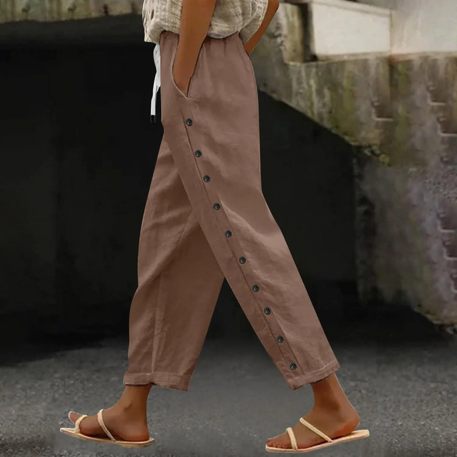 Linen Pants Women Petite Striped Straight Wide Leg Side Button Gauze Casual Drawstring Baggy Elastic Cropped Trouser