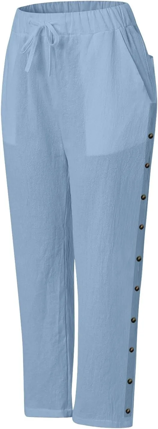 Linen Pants Women Petite Striped Straight Wide Leg Side Button Gauze Casual Drawstring Baggy Elastic Cropped Trouser