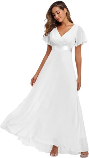 Long Chiffon Evening Gowns A-Line Empire Waist Formal Dress with Flutter Sleeves FBALN01