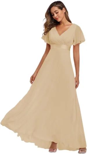 Long Chiffon Evening Gowns A-Line Empire Waist Formal Dress with Flutter Sleeves FBALN01