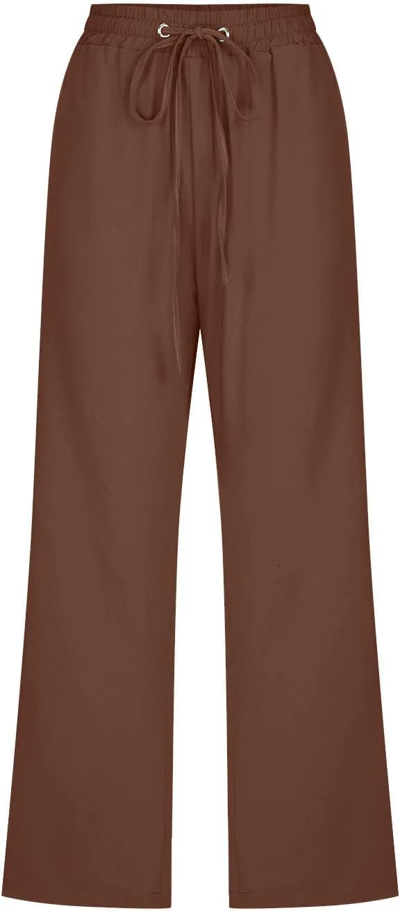 LRMQS Capris Pants for Women Cotton Linen Casual Summer 2025 Straight Wide Leg Loose Drawstring Elastic Waist Cropped Trouser