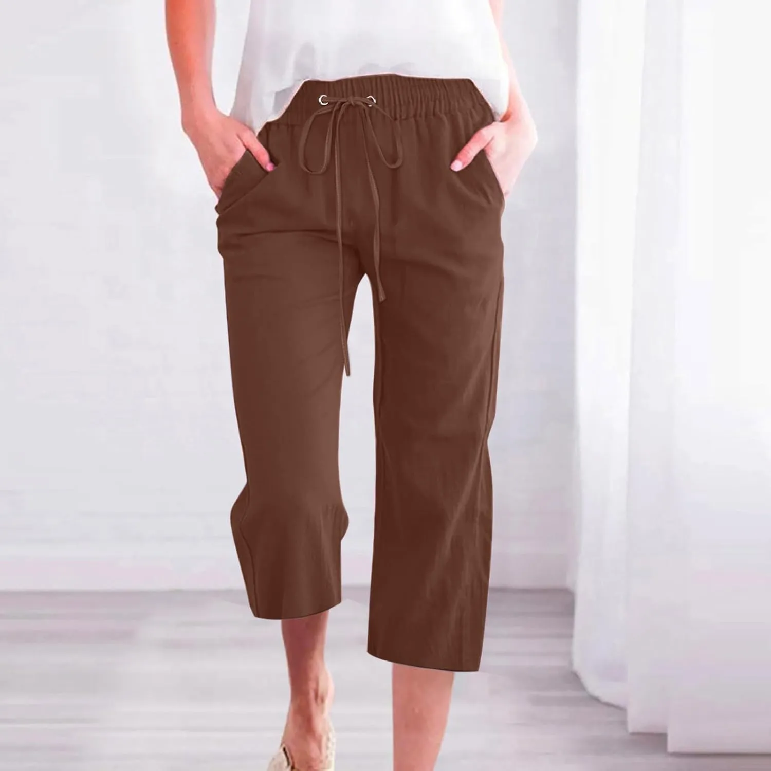 LRMQS Capris Pants for Women Cotton Linen Casual Summer 2025 Straight Wide Leg Loose Drawstring Elastic Waist Cropped Trouser