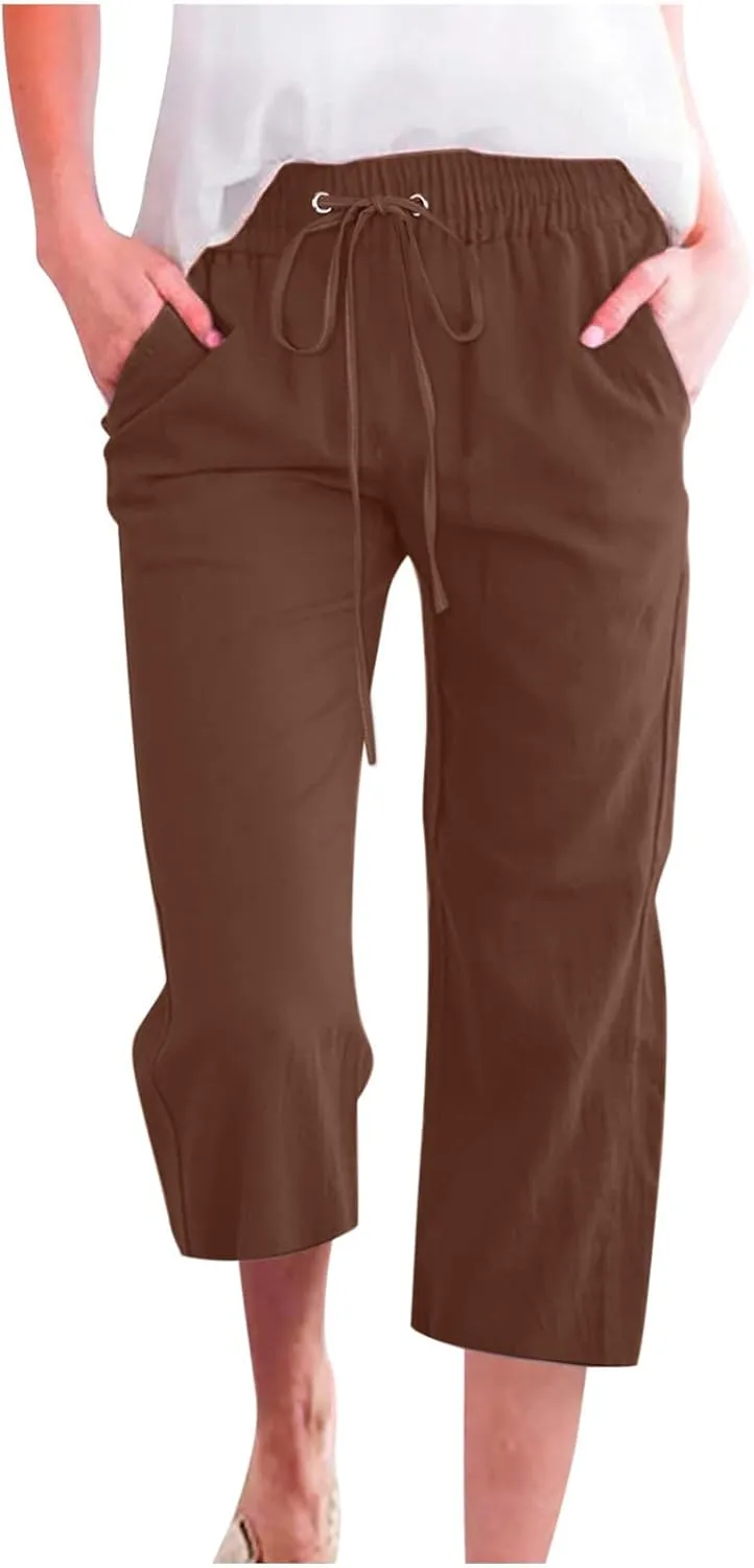 LRMQS Capris Pants for Women Cotton Linen Casual Summer 2025 Straight Wide Leg Loose Drawstring Elastic Waist Cropped Trouser