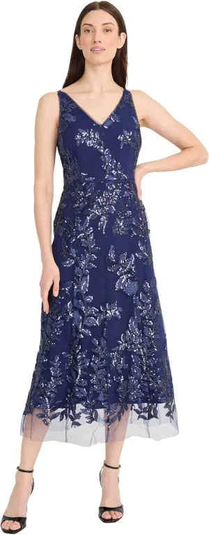 Maggy London Women's Sequin Floral V-Neck Tea Length Formal A-line Midi Wedding Guest Dress